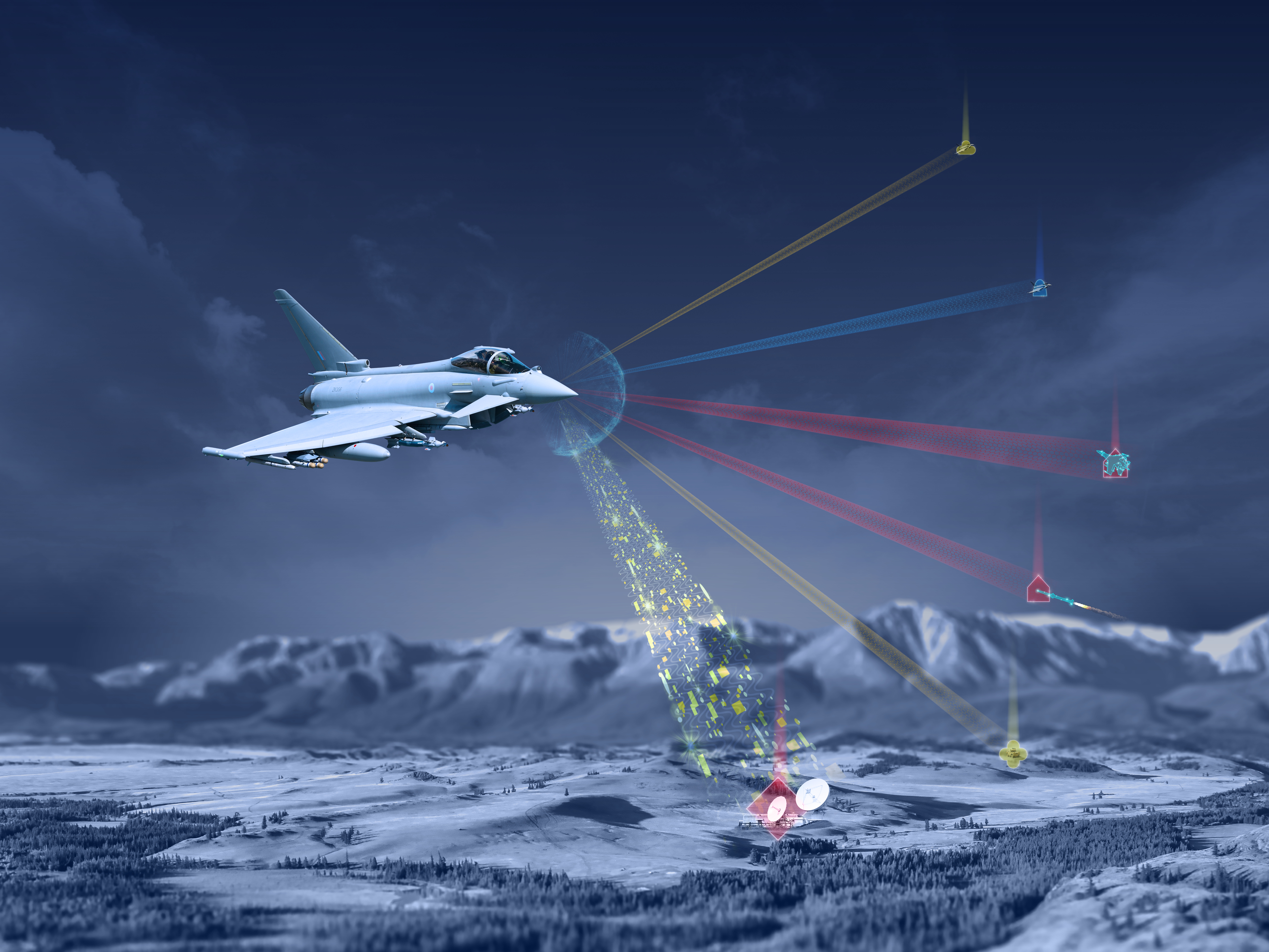 Image shows a graphic of a RAF Typhoon in flight over mountains, with lines indicating radio waves emitting from the aircraft . 